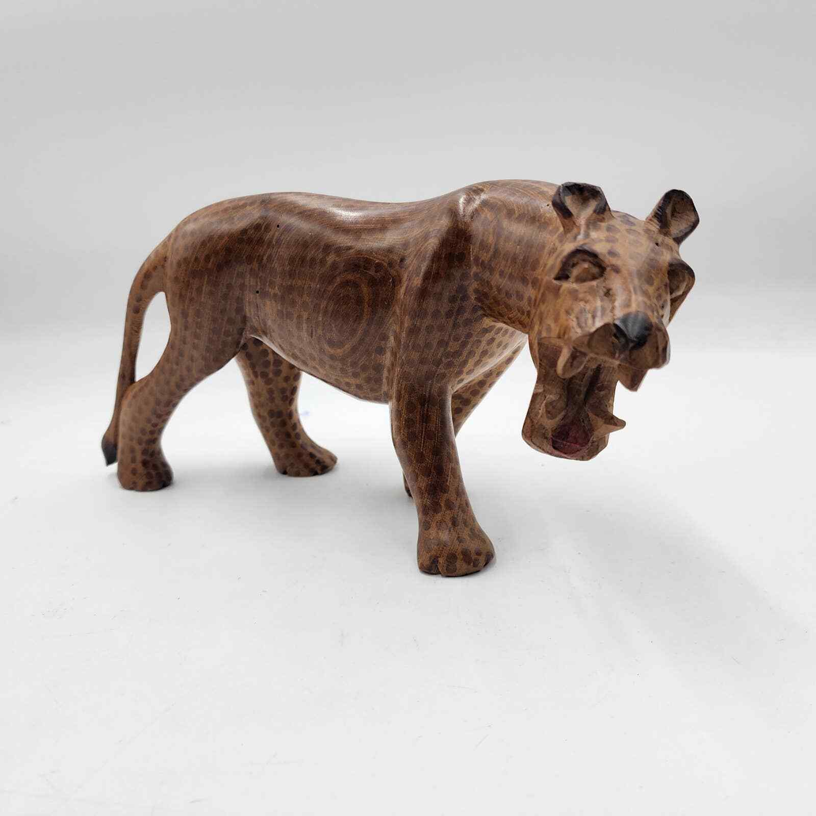 Vintage Leopard Cheetah Hand Carved Wooden Figure Spotted Decor Brown