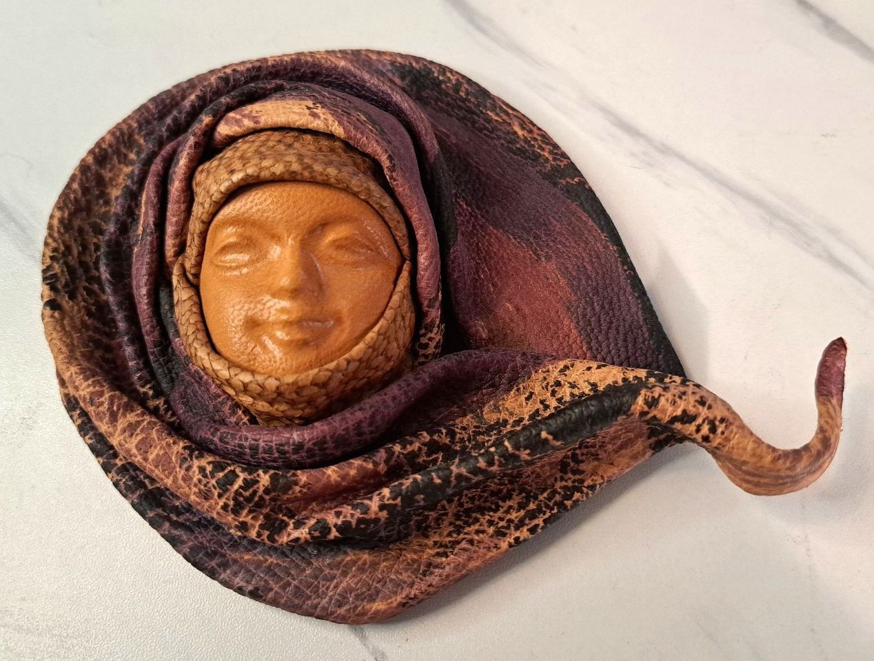 Artist Signed Leather Molded Face Sculpture Hand Tooled Emi 2009