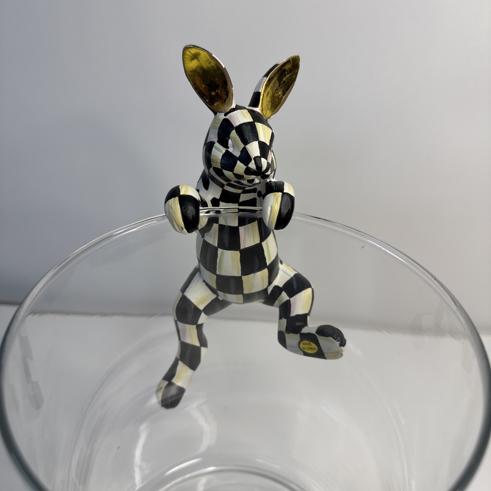 MacKenzie Childs Funny Bunny Courtly Check Black & White Gold Ears Pot Climber
