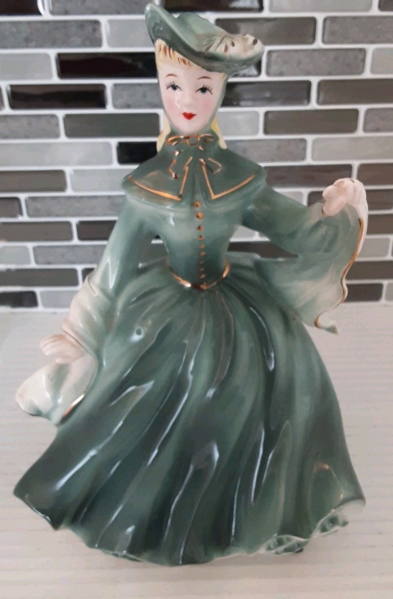 Vtg Porcelain Women Figurine Green Dress Blond Blue Eyes Japan Ucagco