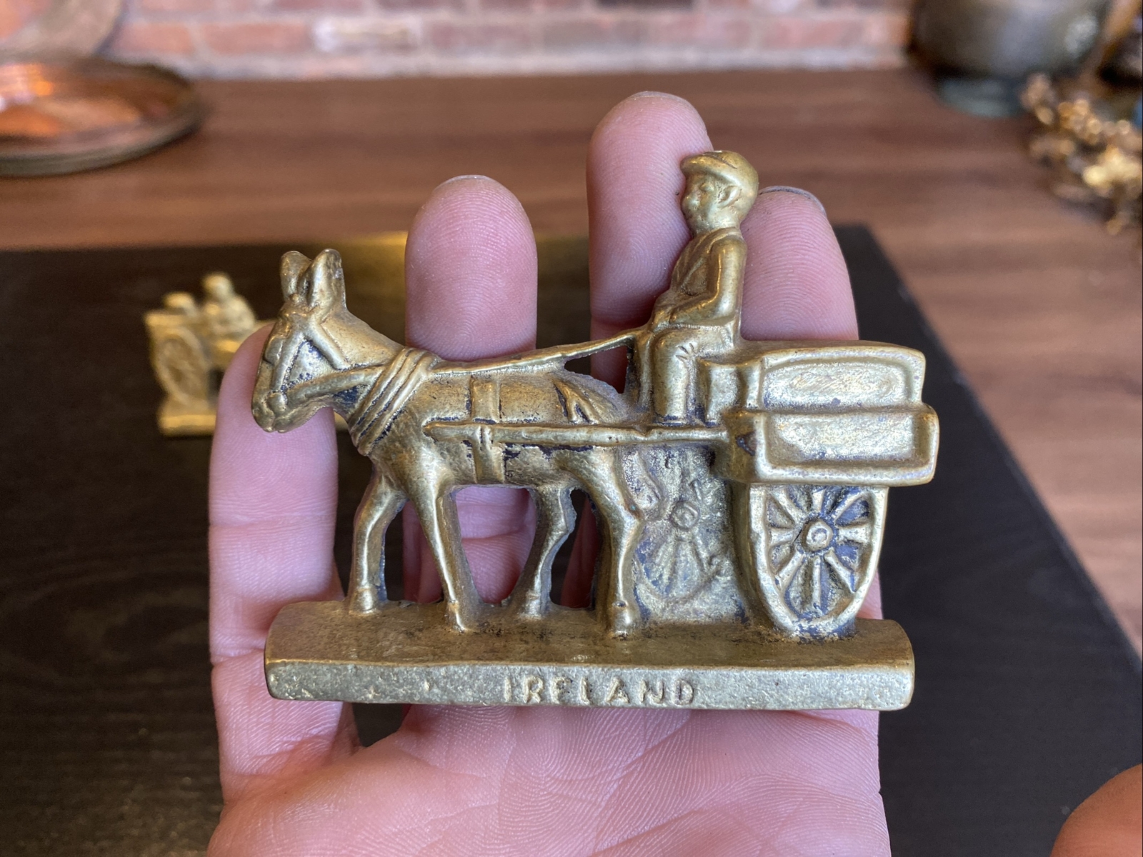 2 Vintage Miniature Brass Doorstop Figures Milk Maid & Man Donkey Carts, Ireland