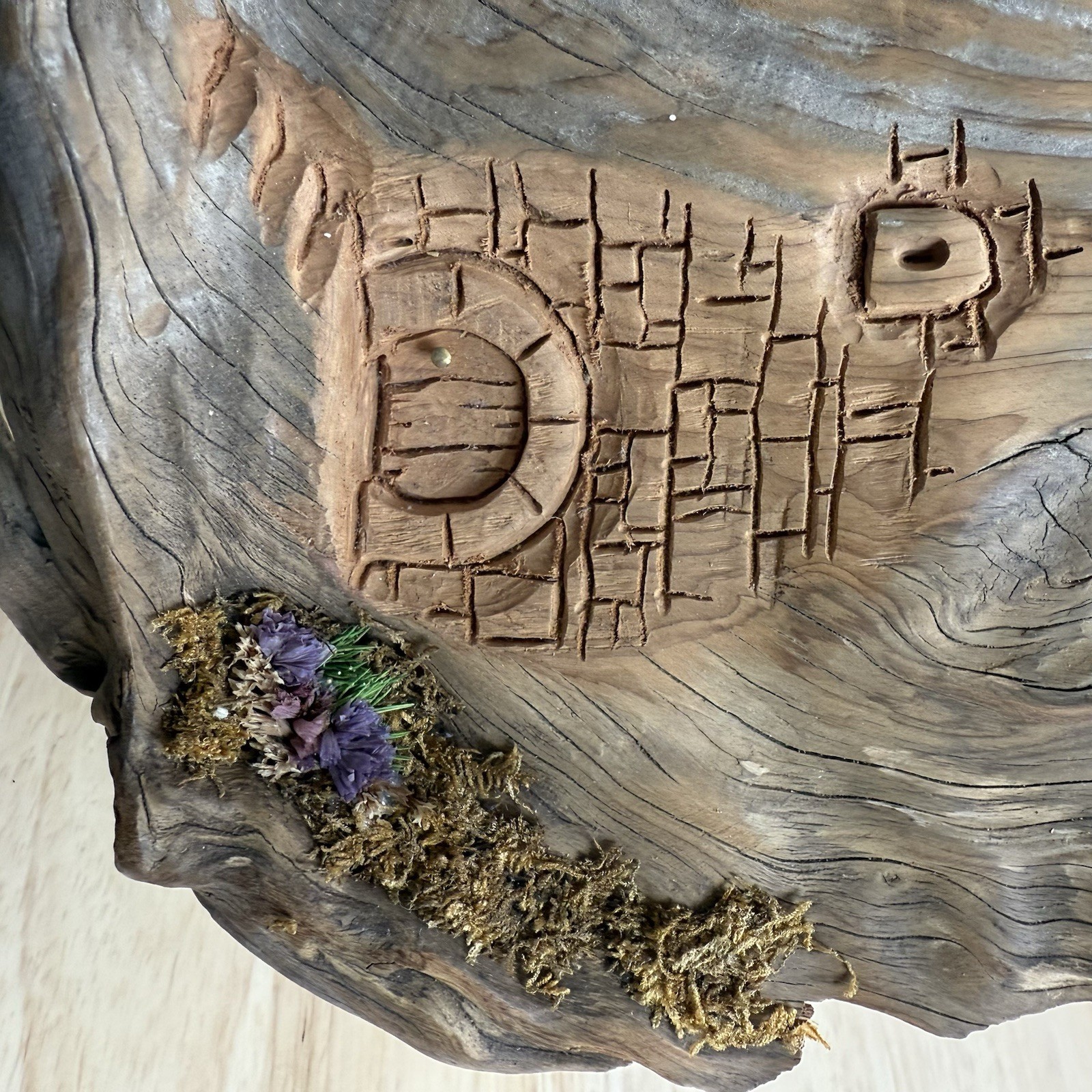 Hand Carved Driftwood Bark Fairy House Door Signed Wall Hanging VTG Leaich 1988