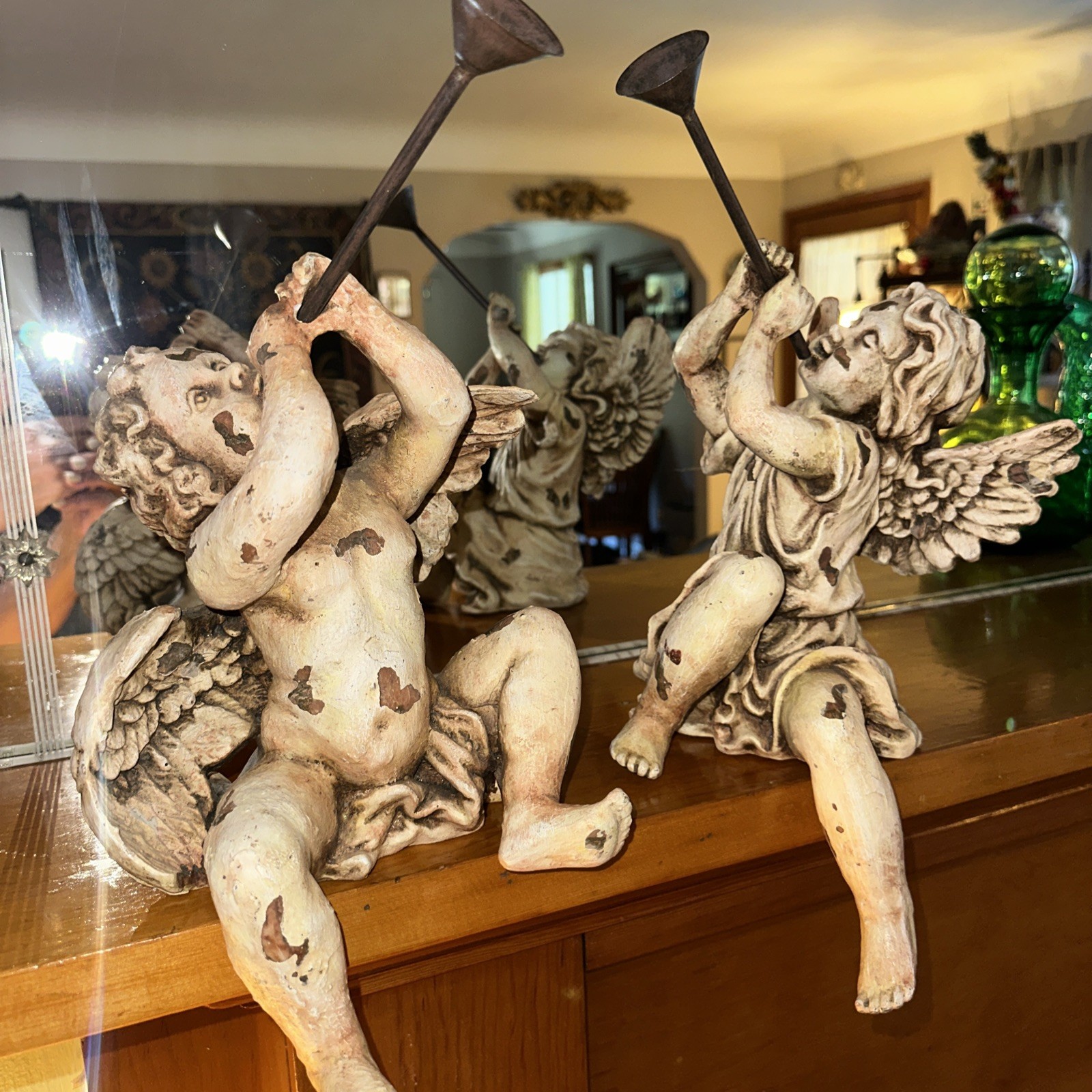 PAIR OF VINTAGE SITTING ANGEL CHERUBS BLOWING HORNS ~ SET OF 2 SIGNED