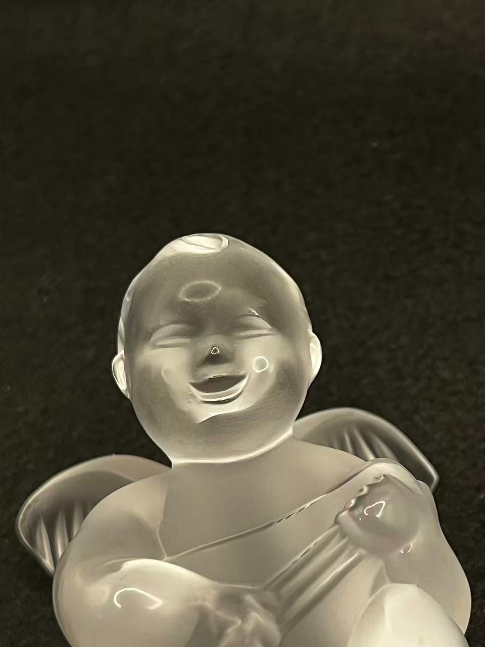 Lalique France Frosted Crystal Cherub Playing Mandolin Figurine 3.2in Tall