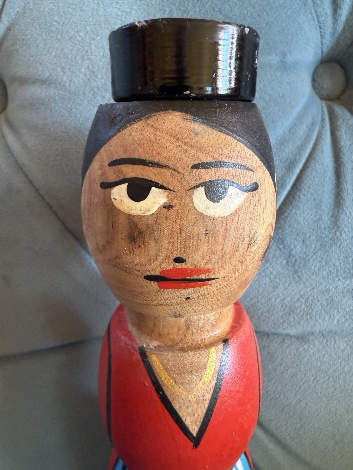 Primitive Wood ethnic peg Doll W/ Tea Lite Holder Hand Painted Collectible