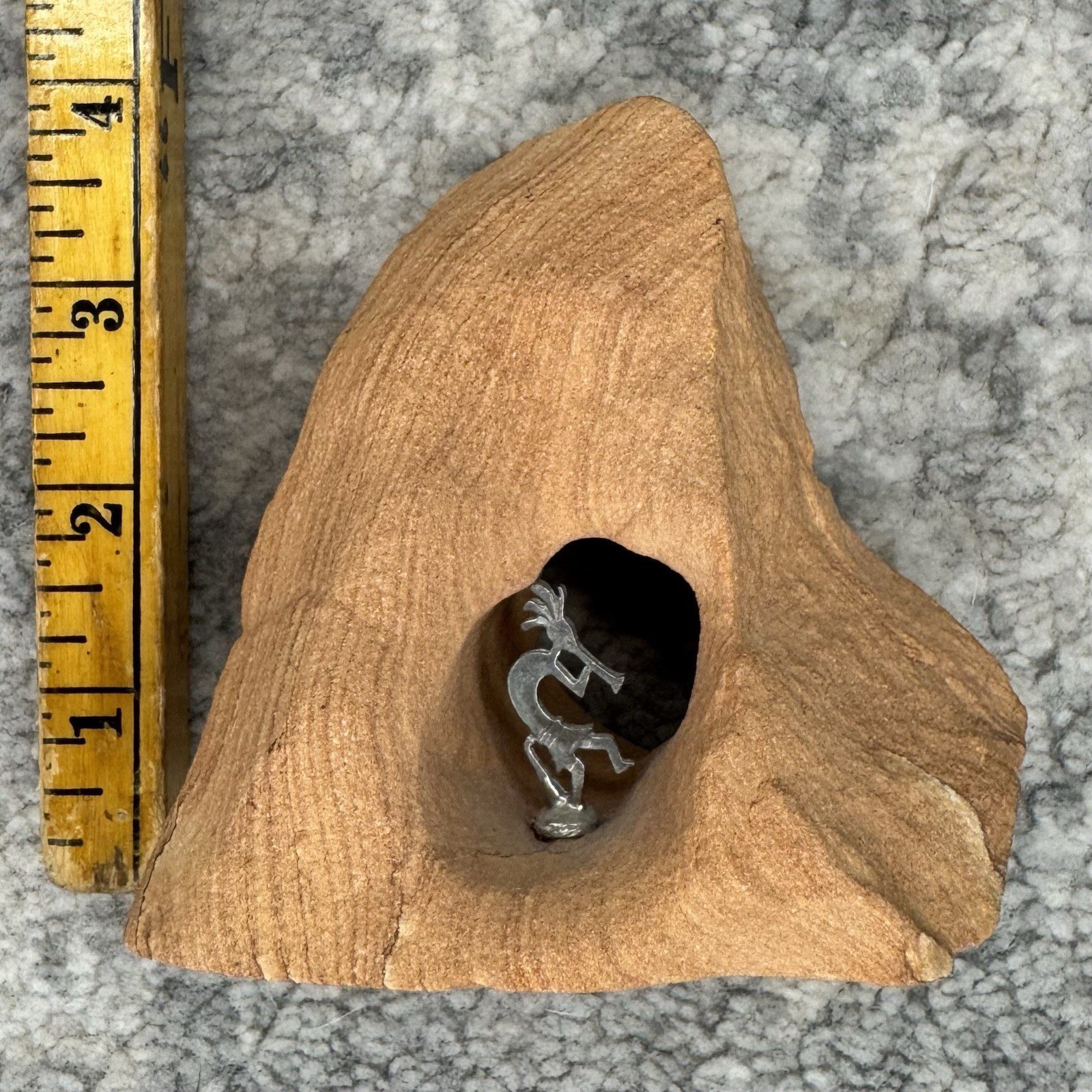 Southwestern Kokopelli Metal Figurine in Natural Sandstone Rock