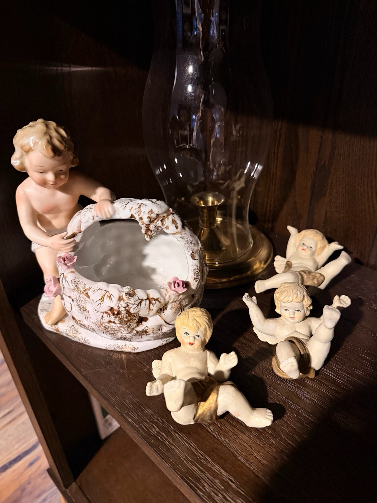 Hand Painted Ceramic Cherub Angel planter with Tumbling Piano Baby figurines