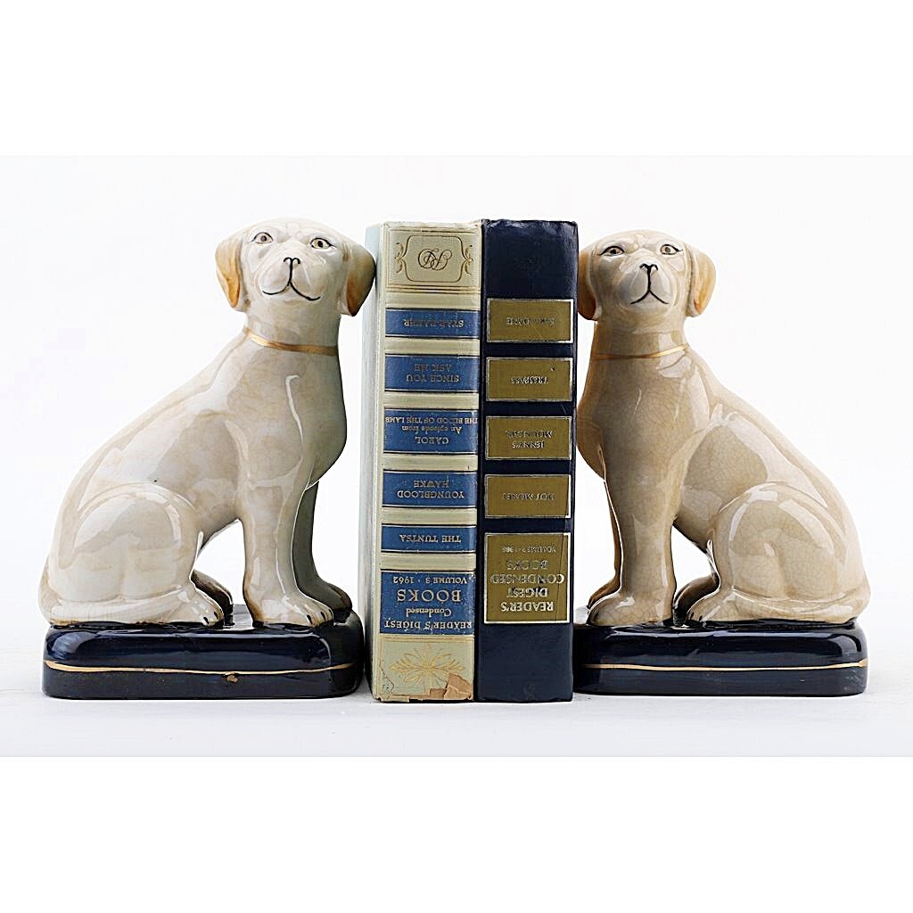 Pair Of Porcelain Ivory White Dogs. Black Bases. Hand Painted (8”H, Each)
