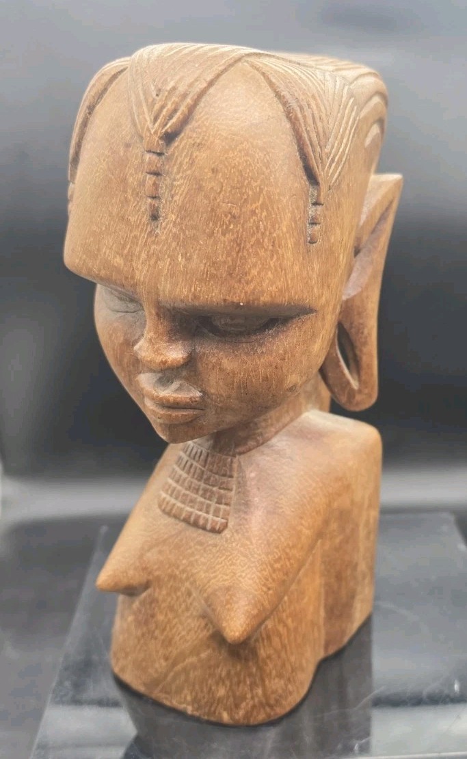 West African Exotic Wood Carved Nude Woman with Braids Bust Decor Figurine 9in