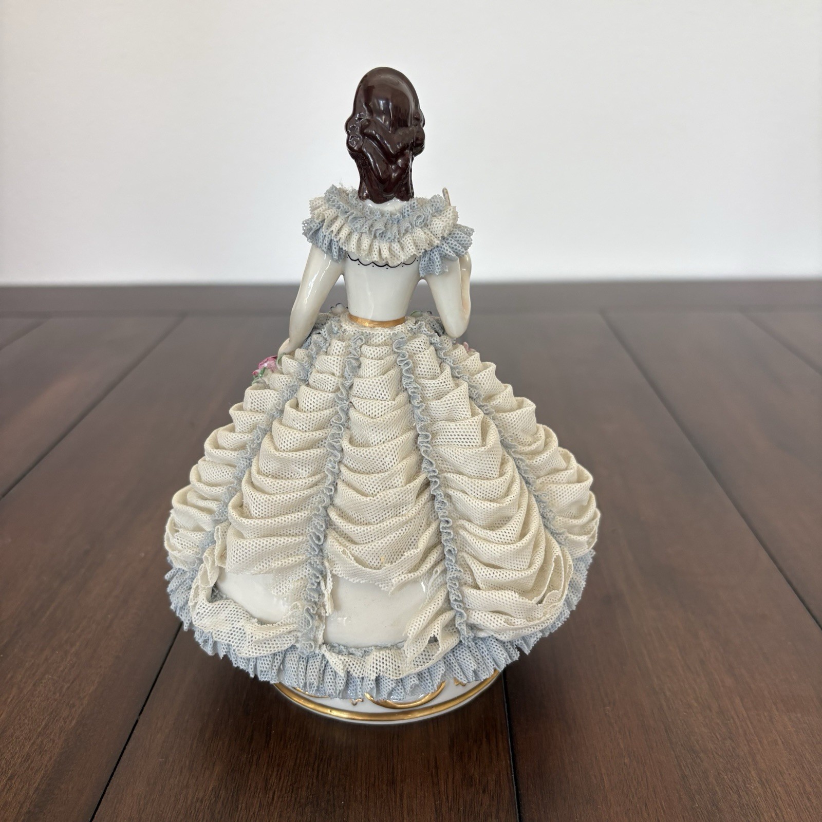VTG MZ Germany Dresden Lace Lady Figurine | Elegant White Blue Dress Fan 7″