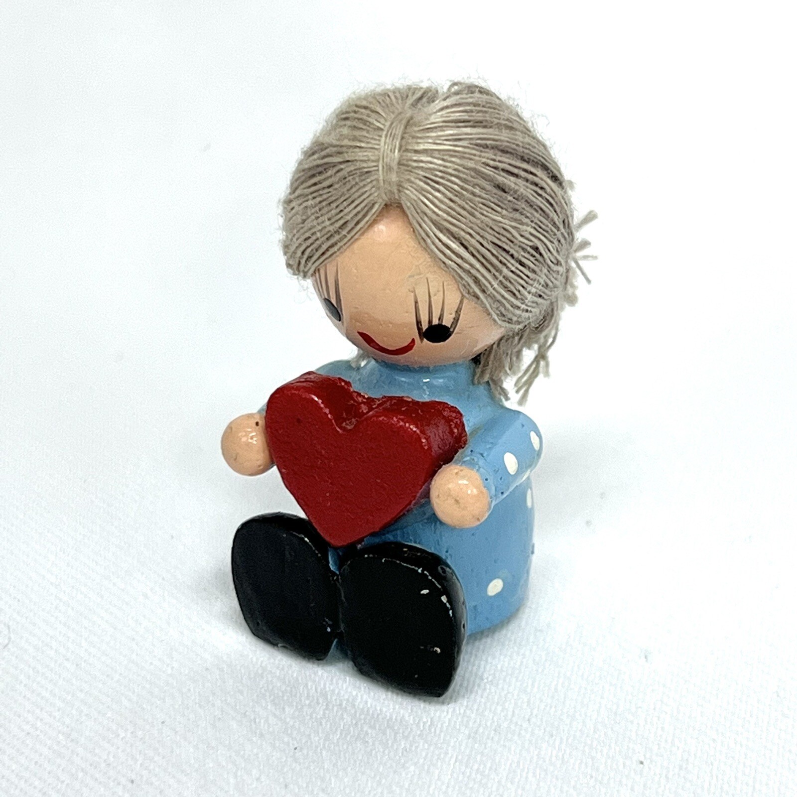 Wooden Figure Miniature Girl Holding Heart With String Hair Vintage Valentines