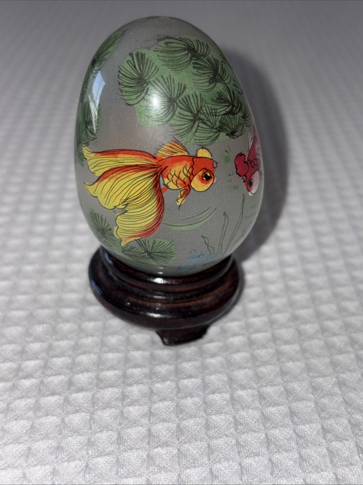 Reverse Hand-painted Glass Egg- Multiple Koi Fish With Wood Stand Vintage