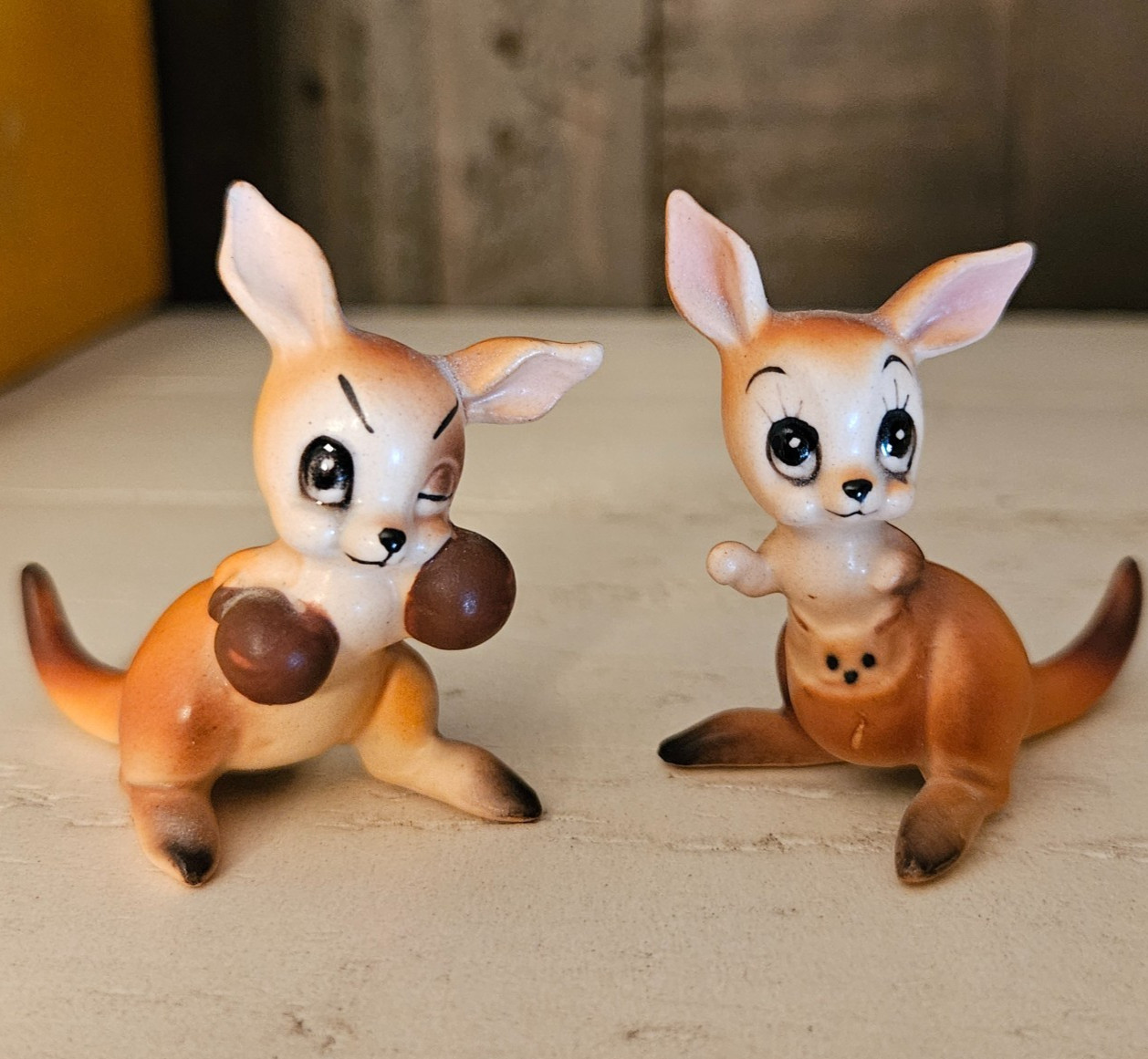 Vintage Josef Originals 2 Kangaroo Figurines Brown Boxing Gloves Joey In Pouch