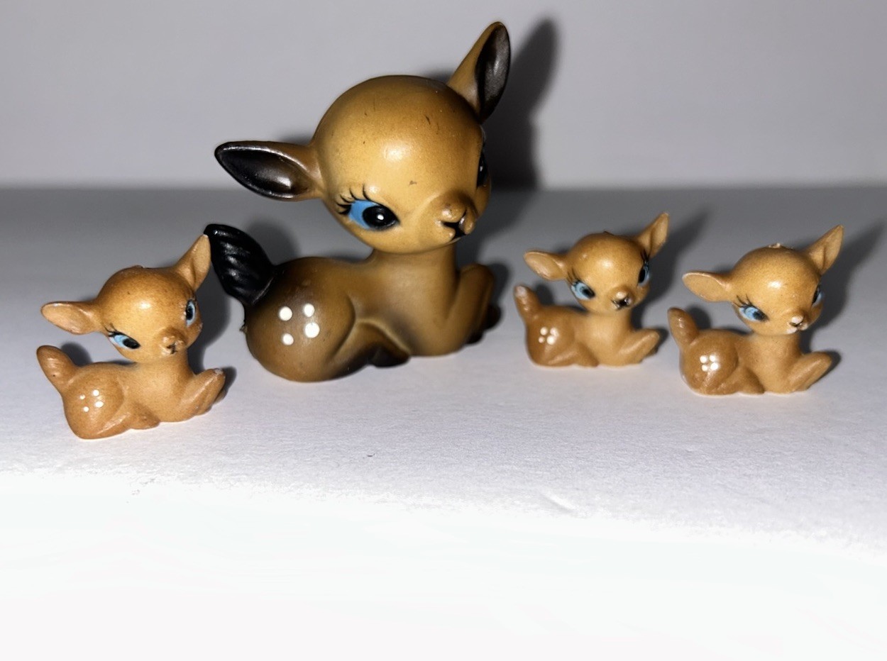 ✨Vtg 70s Set/4 Mini Big Eyes Anthropomorphic Deer Fawns Celluloid Figurine Japan