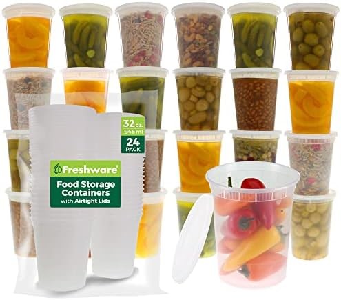 Freshware Food Storage Containers [24 Set] 32 oz Plastic Deli Containers with Li