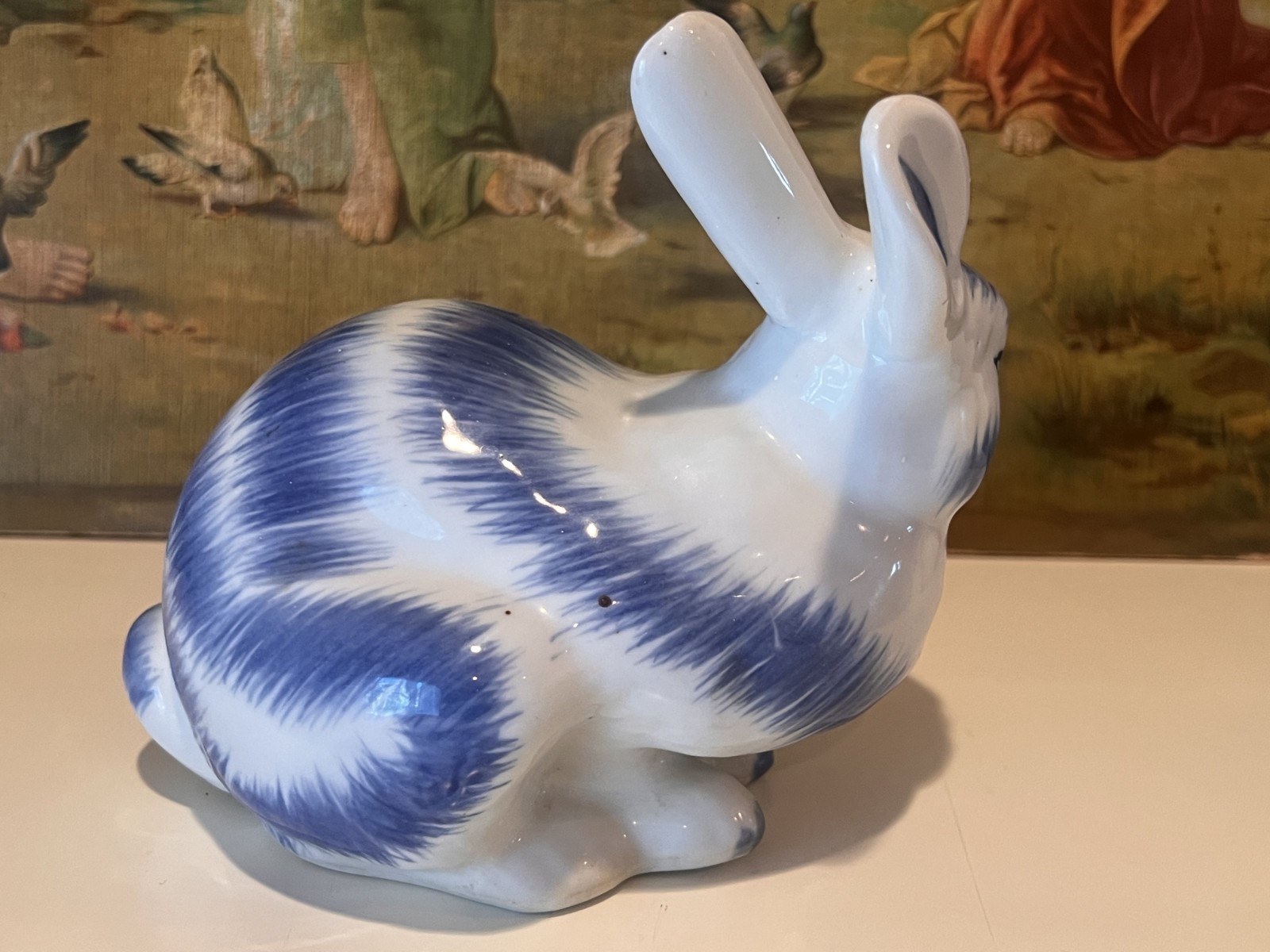 VTG LARGE EASTER/SPRING BUNNY FIGURINE- BLUE & WHITE PAINT GLAZED PORCELAIN