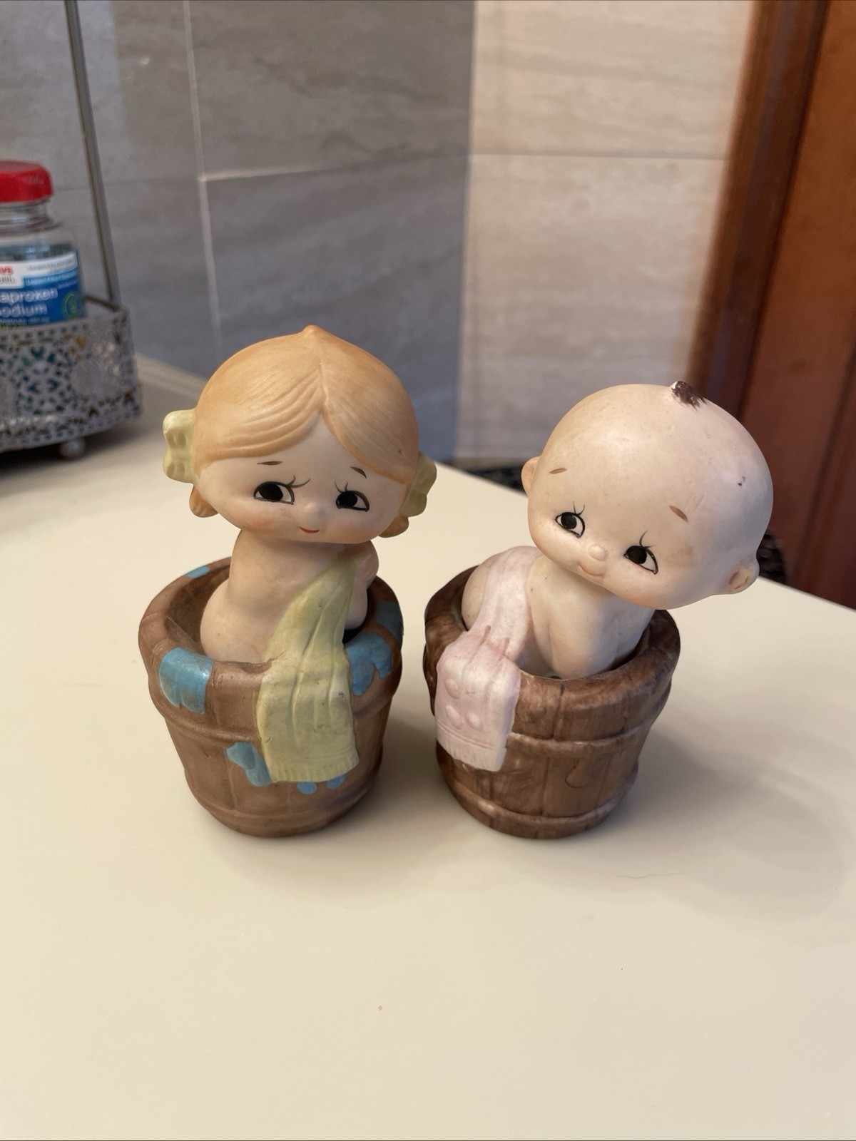 Vintage Set Of 2 Ceramic Lefton Kewpie Bath Time Figurines , 4.5” Tall Japan