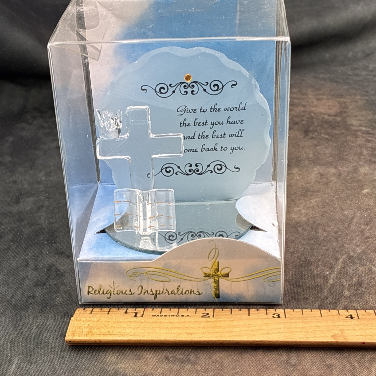 Religious Inspirations Quote, Cross, Dove, Bible Figurine On Mirrored Glass 4”