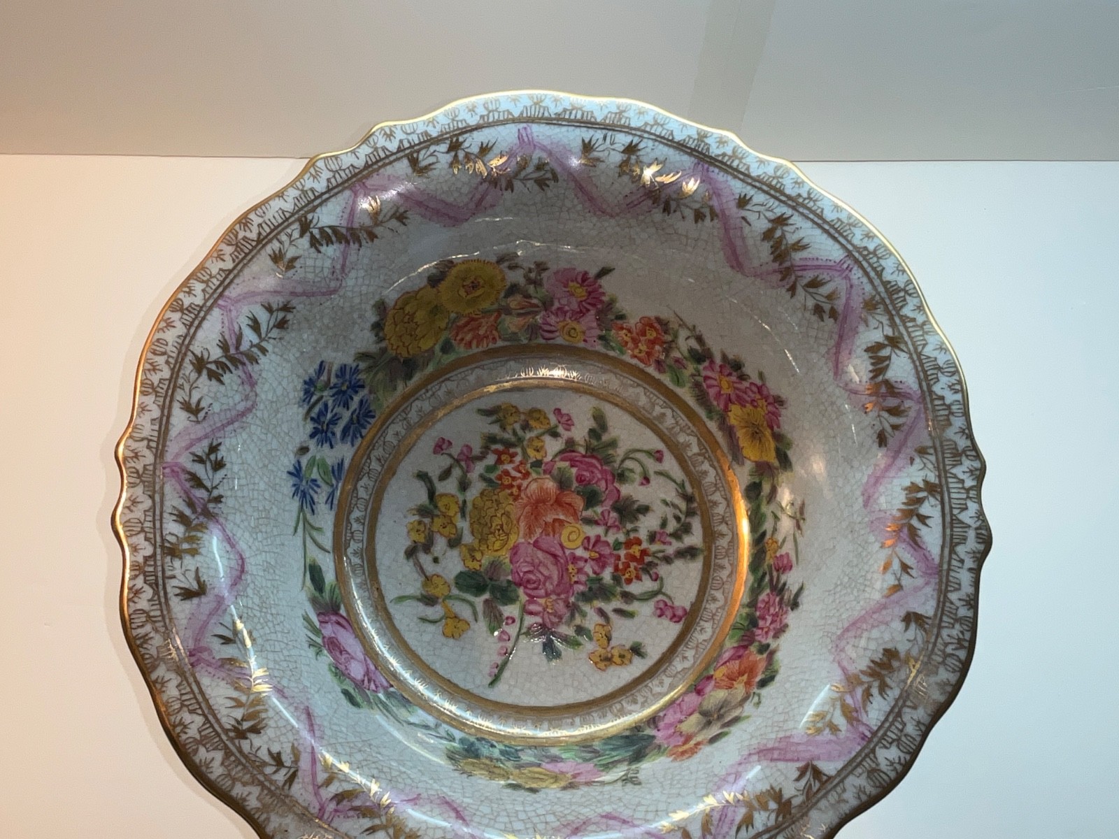 11″ Bronze Ram Footed Ceramic Fruit Bowl Dish Painted Chinese Canton Rose Flower