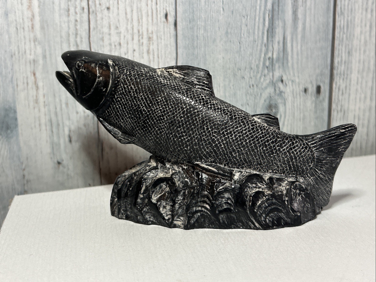 WOLF ORIGINAL SALMON SOAPSTONE FIGURINE, SIGNED WE, HAND MADE IN CANADA
