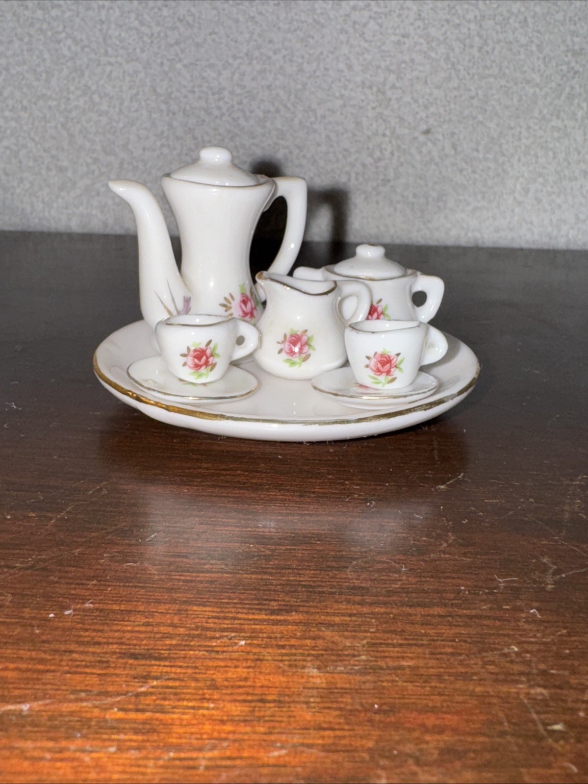 10 Piece Vintage Miniature Porceilan Roses Gold Trim Tea Set