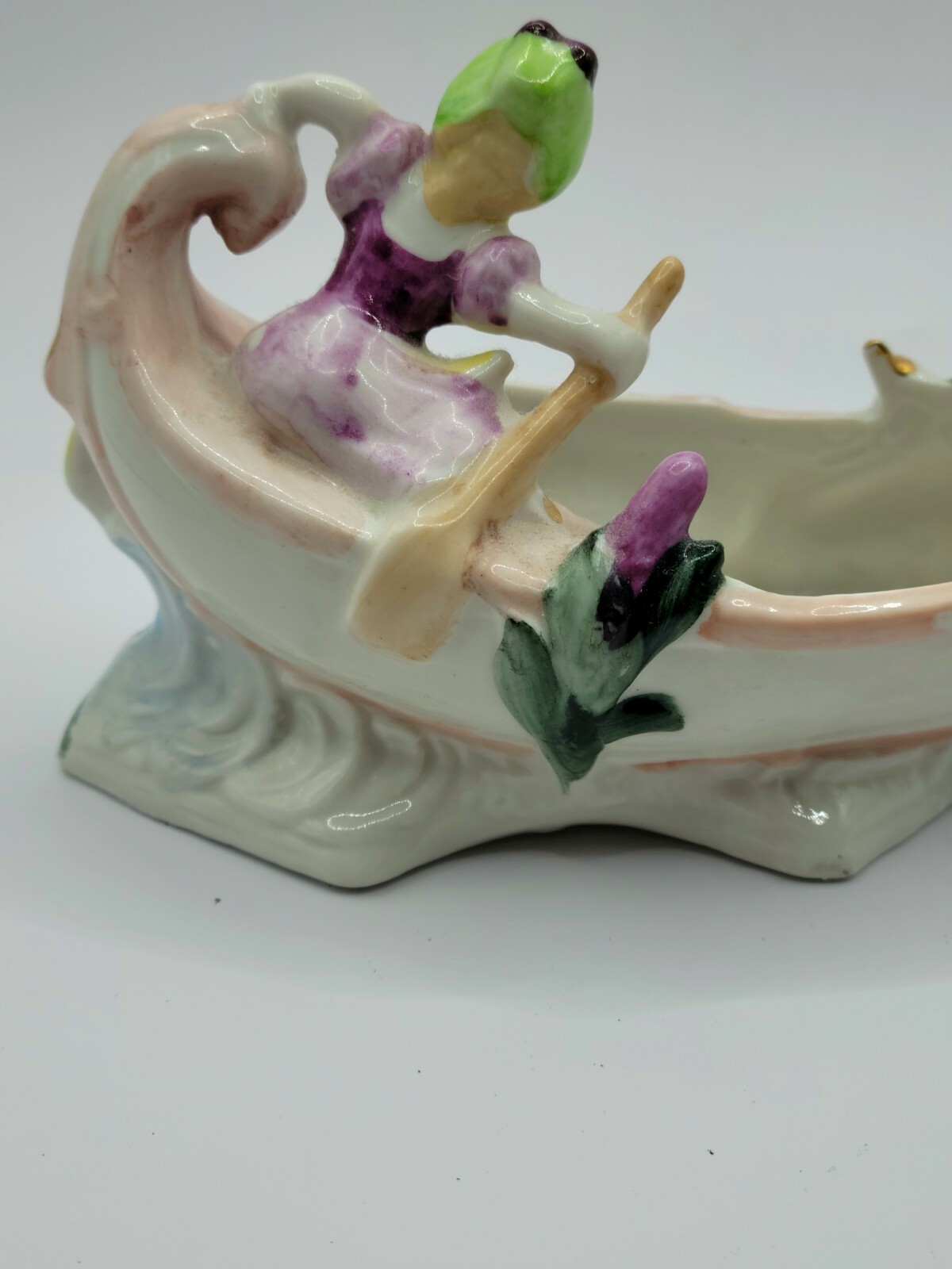 Vintage Porcelain Figurine Woman Rowing a Gondola Florals Swan