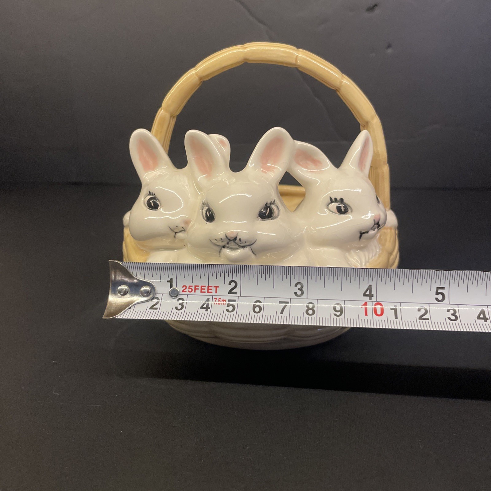 Easter Atlantic Mold Hand Painted Ceramic Basket w/3 White Bunnies Spring VTG