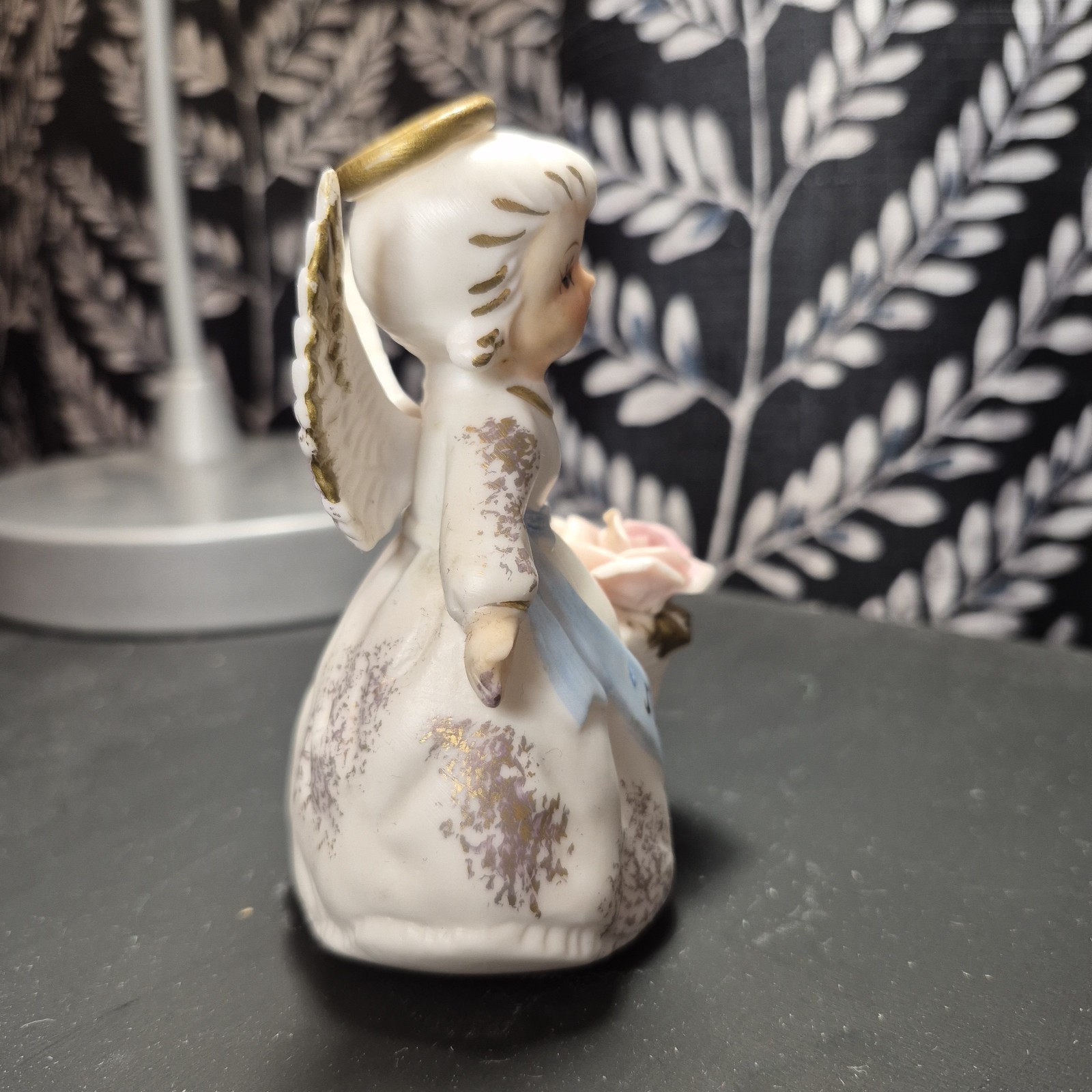 Vintage Lefton June Birthday Angel Pink Roses Blue Sash Japan 4″ -CB04