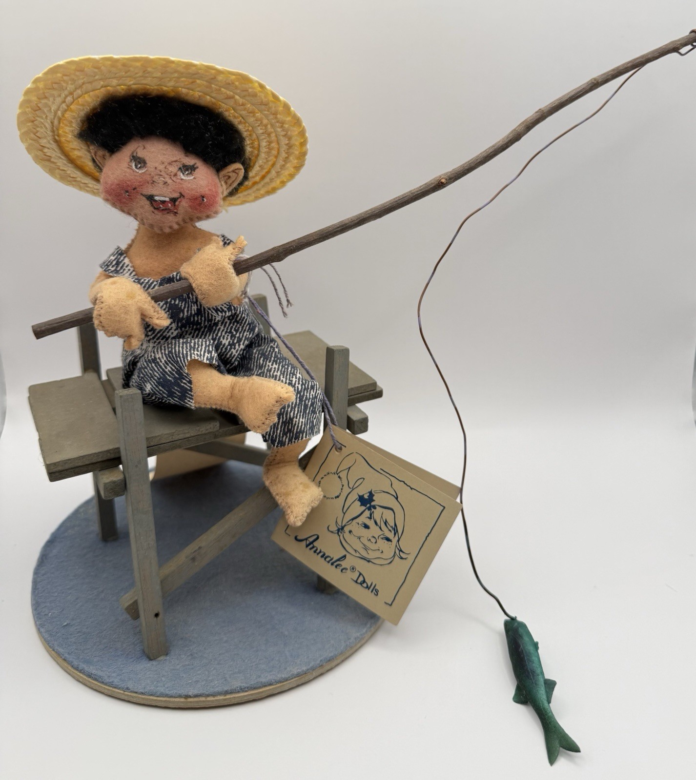 Vintage 1993 Annalee Fisherman Doll Figure Fishing Pole Fish Bench Display
