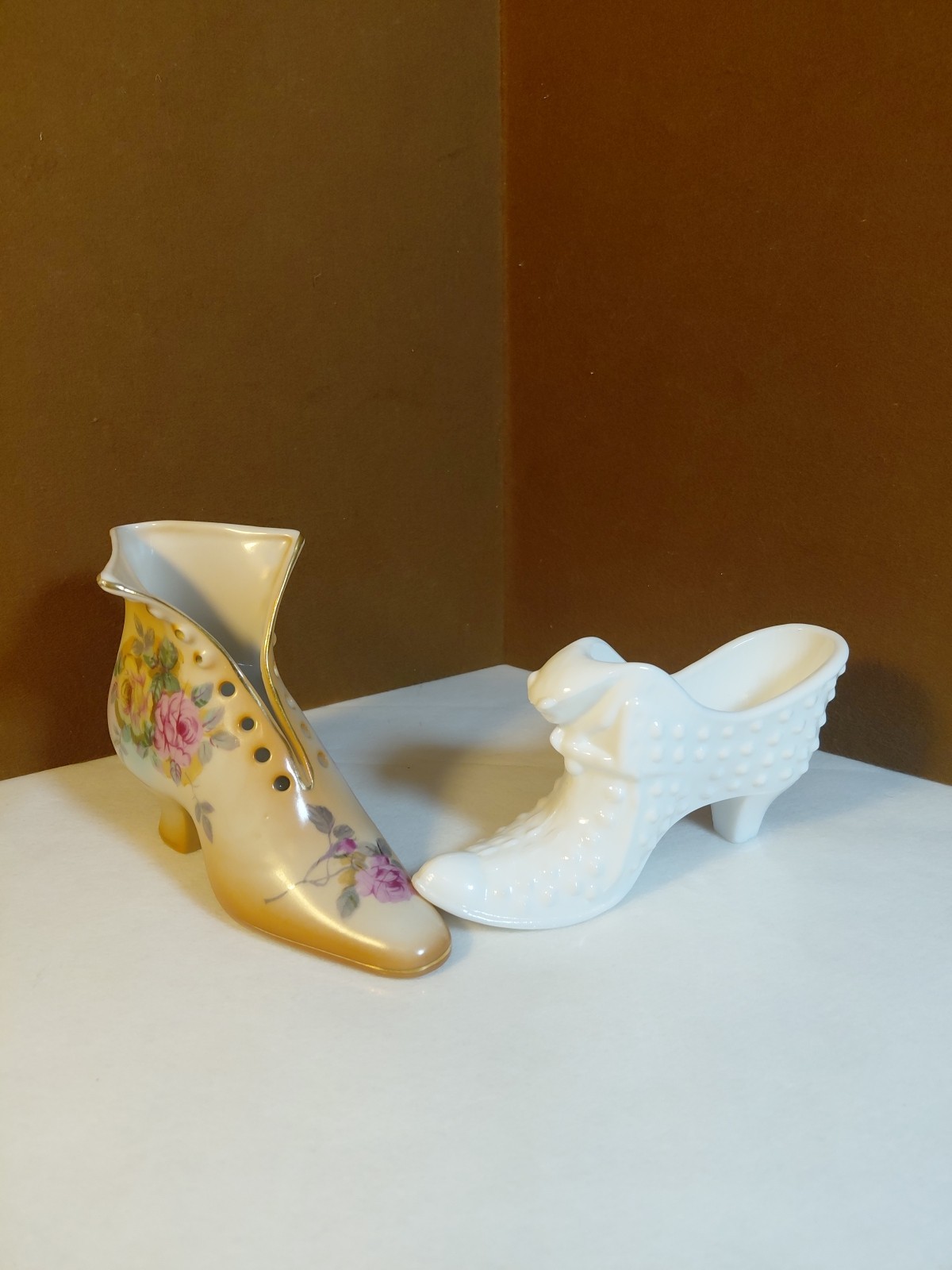 2 Vtg. Ladies Boot/Shoe- RS Porcelain Floral, Fenton Hobnail Milk glass