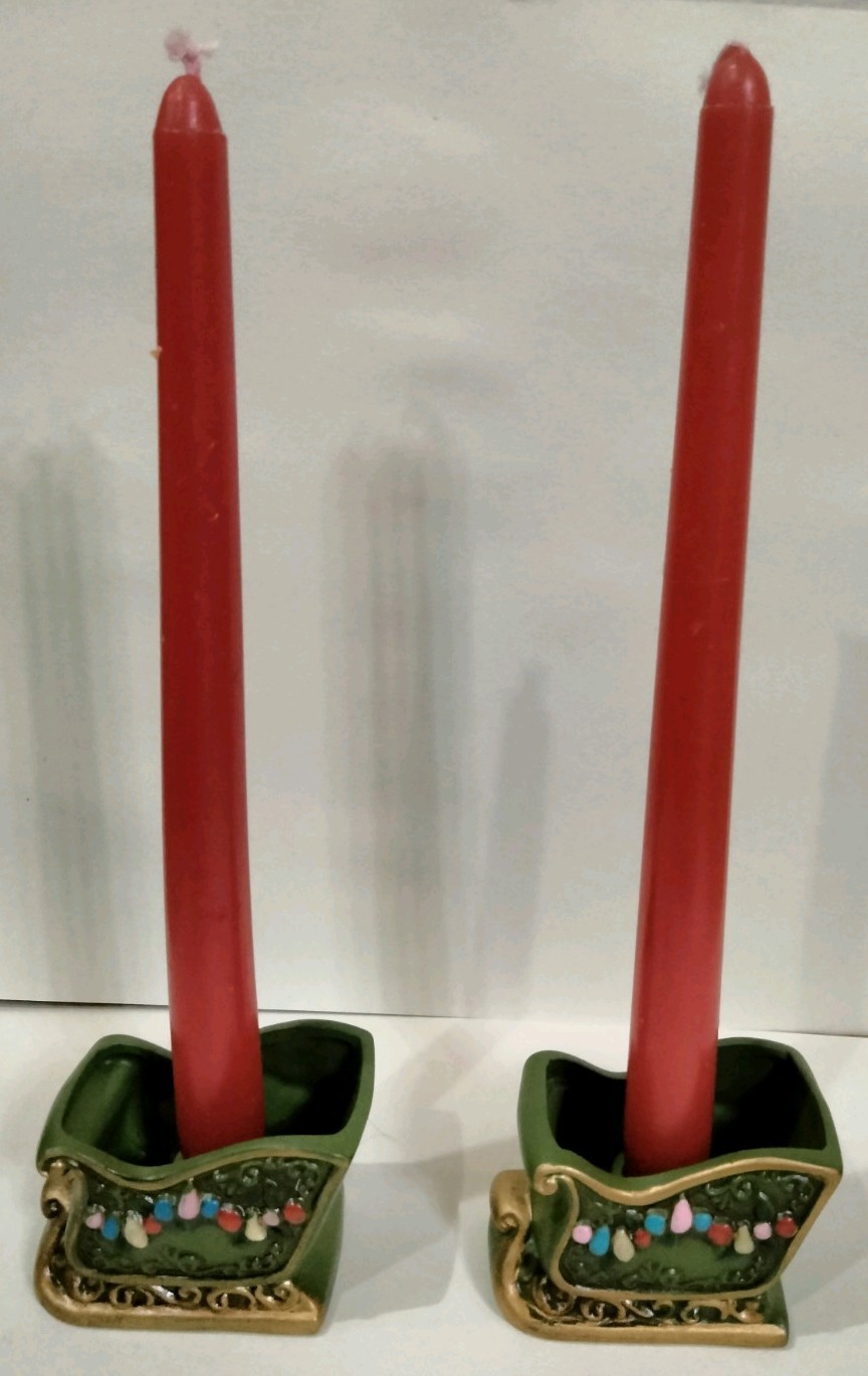 2 Vintage Napcoware Sleighs Taper Candle Holder Green Japan Import