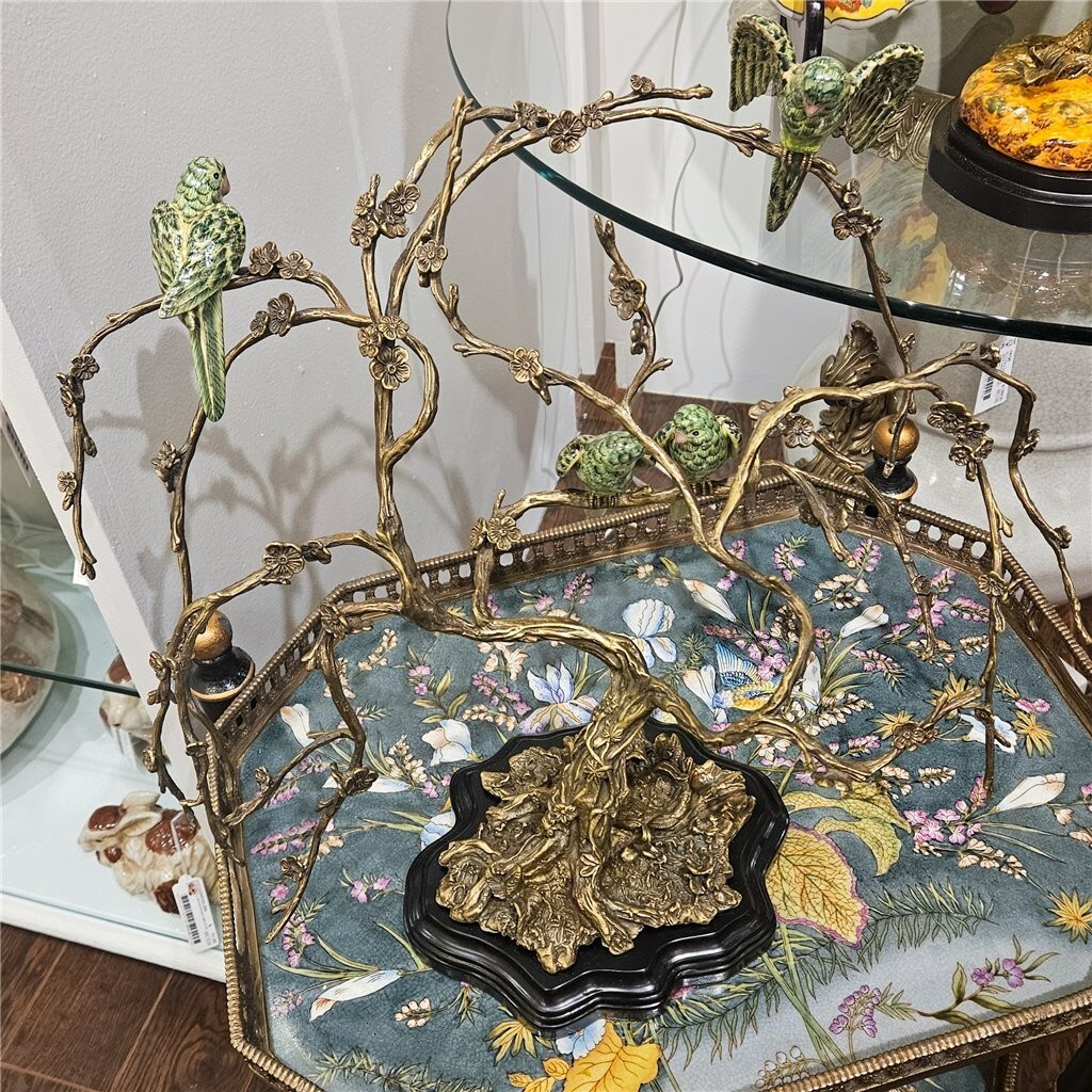 STUNNING PORCELAIN & BRONZE ORMOLU BIRDS ON TREE BRANCH SCULPTURE -18” X 16”H