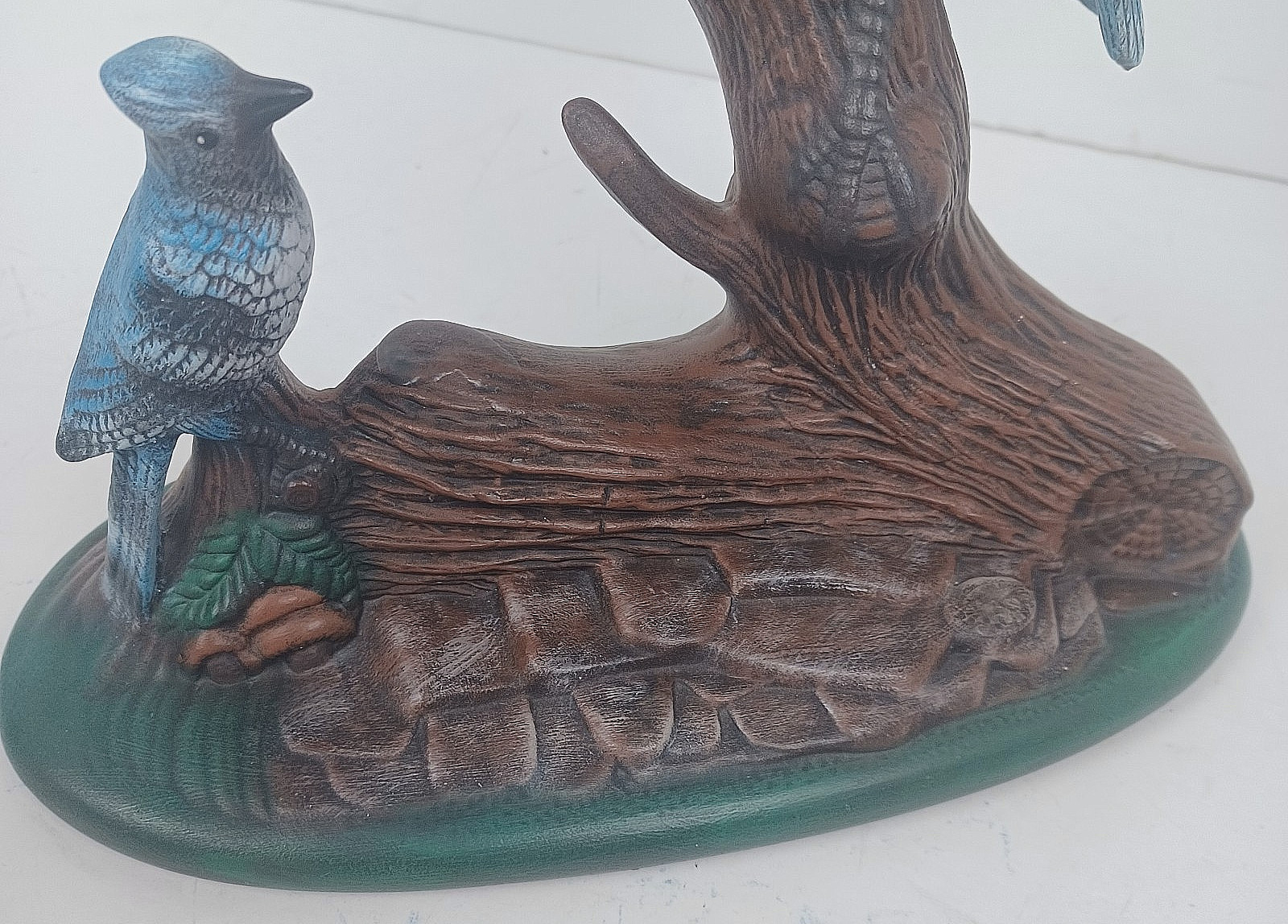 Vtg 1987 Handmade Mikes Mold Ceramic Blue Jays on Log Figurine Matte Glaze 10″