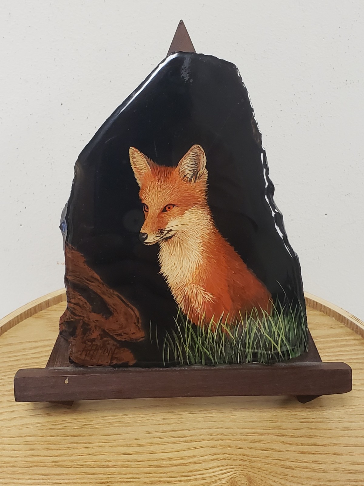 Vintage Hand-Painted Fox Art on Acrylic with Wooden Stand