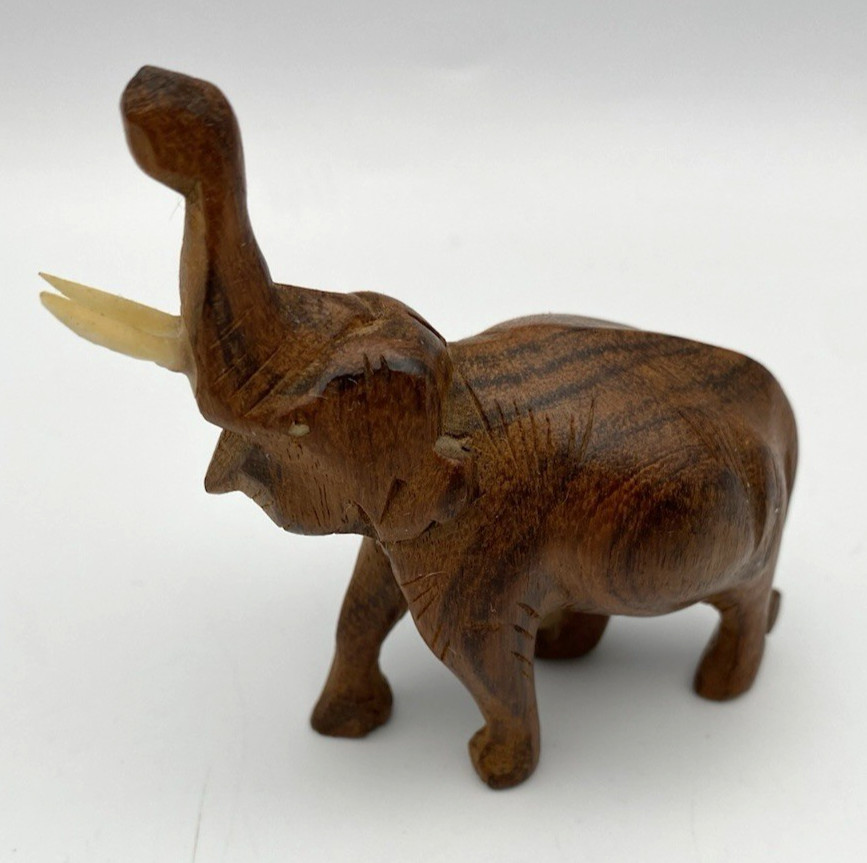 African Carved Wood Wooden Elephant Trunk Up Figurine Statue 3.5″ Kenya