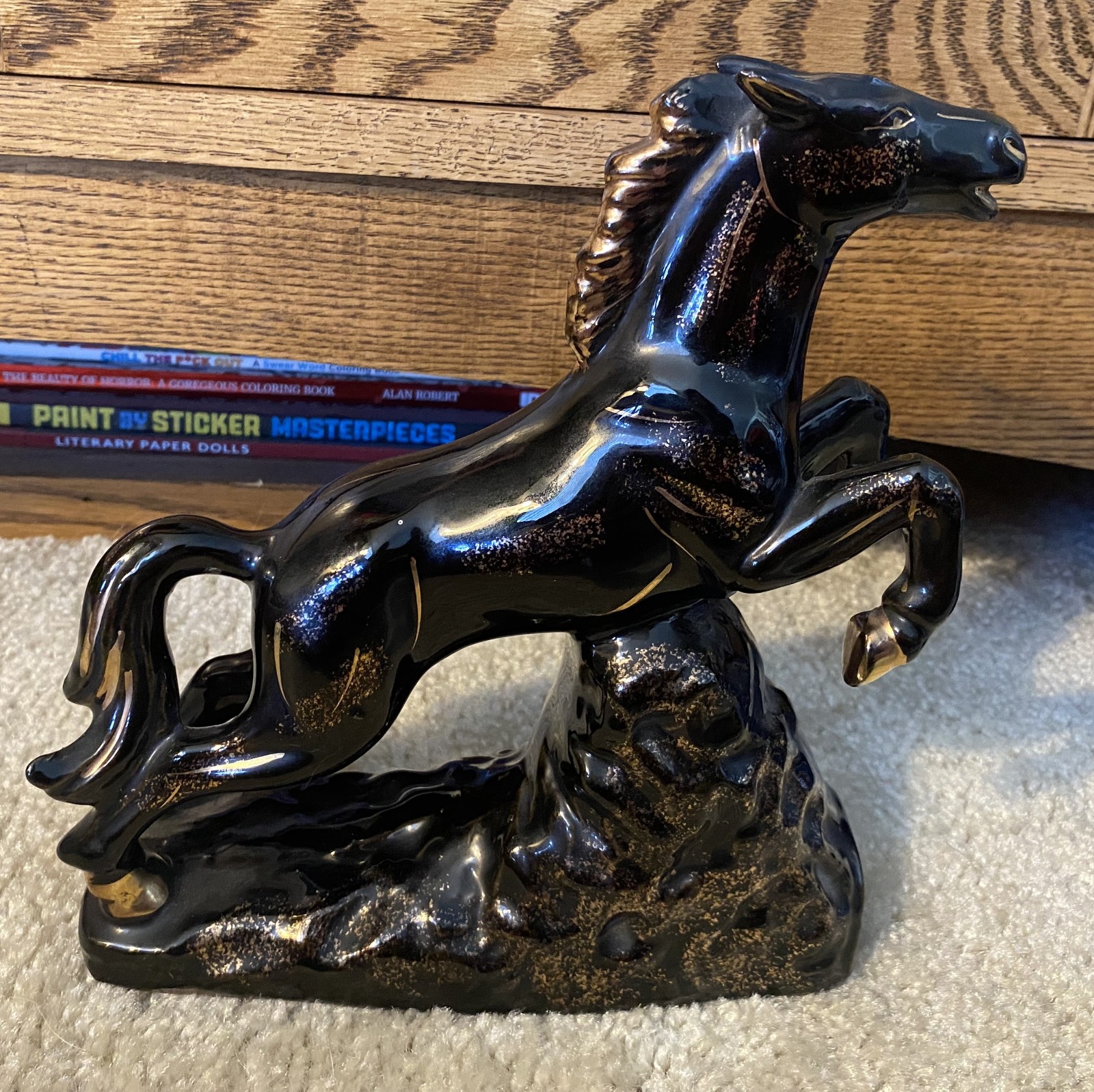 Mid-Century Modern Black & Gold Rearing Horse Figurine Ceramic READ DESCRIPTION