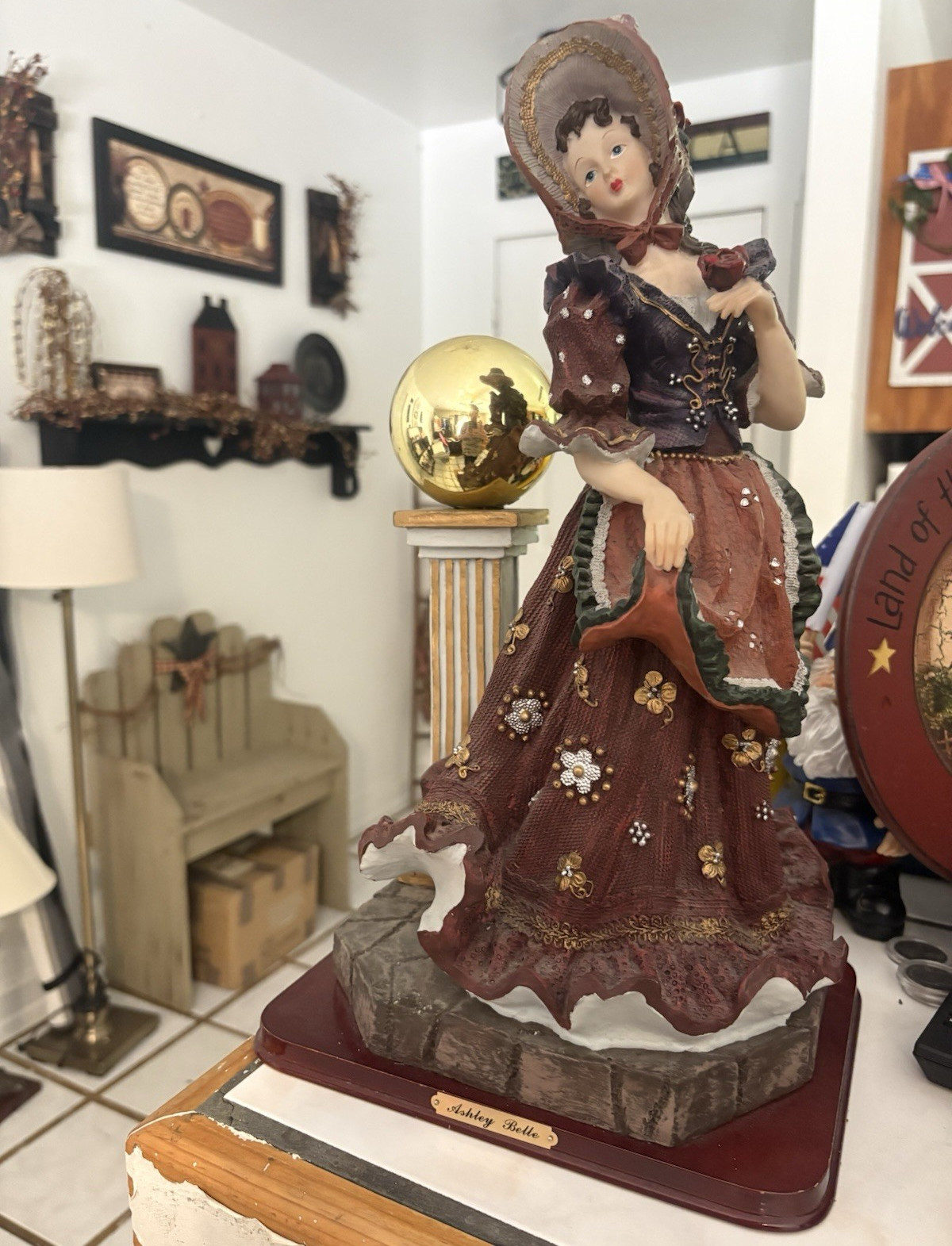 Victorian Style Woman Figurine Resin Statue on Base Brown White Green Gold