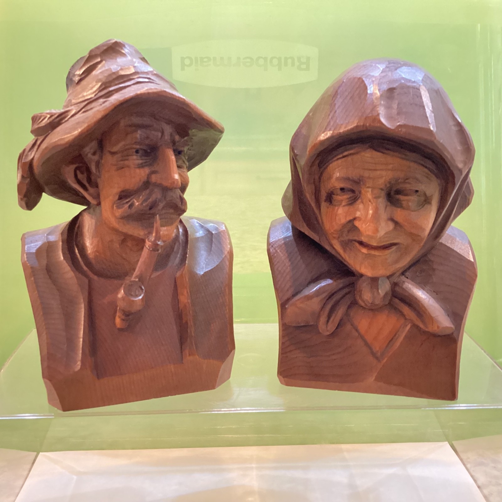 Vintage Black Forest Hand Carved Wood Figurines – Man Pipe & Woman Scarf Bust !