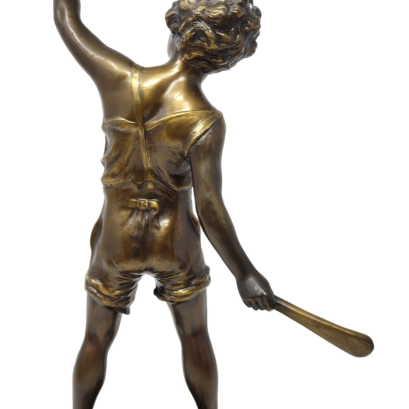 Antique Bronze Sculpture Cricket Boy Signed F. Iffland Art Nouveau 14.5″