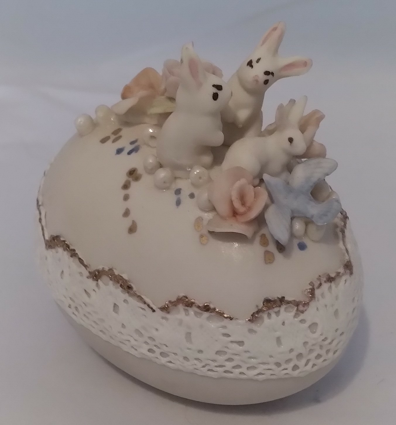 Vintage Bunnies On Egg Figurine Handpainted & Signed Easter Collector Rabbits