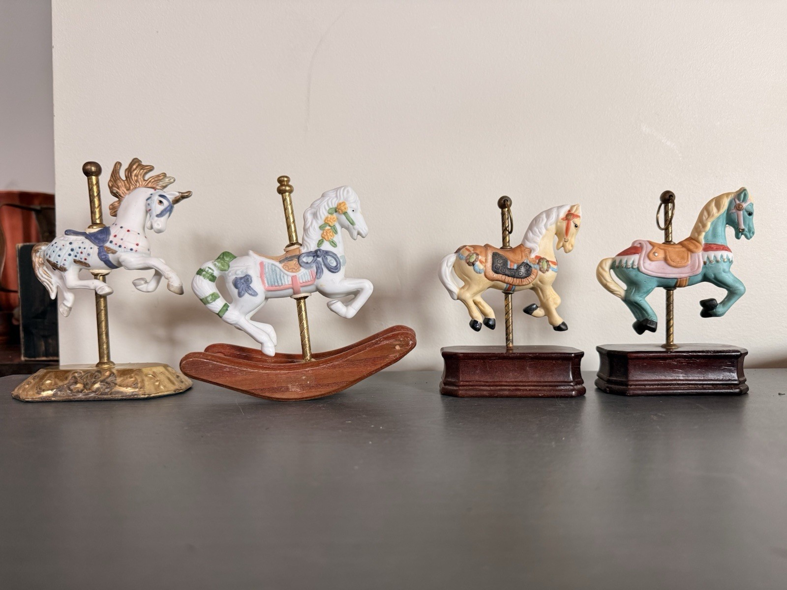 Lot of 4 Carousel Horses 4.5″-5.5” Ceramic Wood Brass Base Plastic. Vintage!