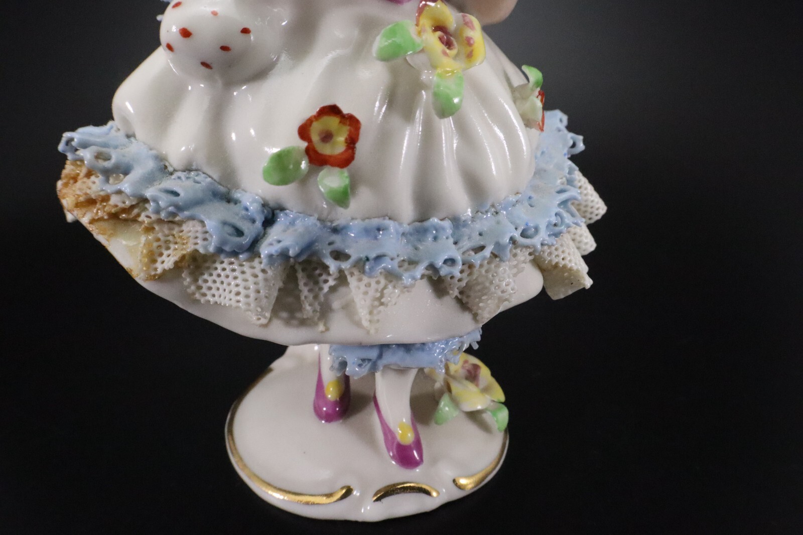 Dresden GIRL in BONNET Porcelain Lace FIGURINE #6 Flowers Germany