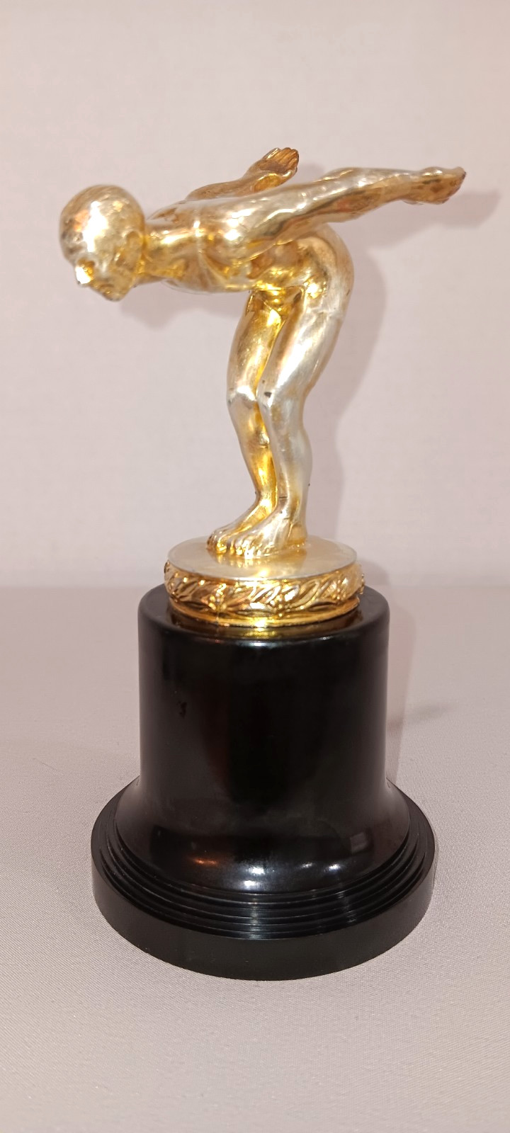 Vintage Male Swimmer Diver Trophy Art Deco Gold Tone Figurine Black Base 1950s
