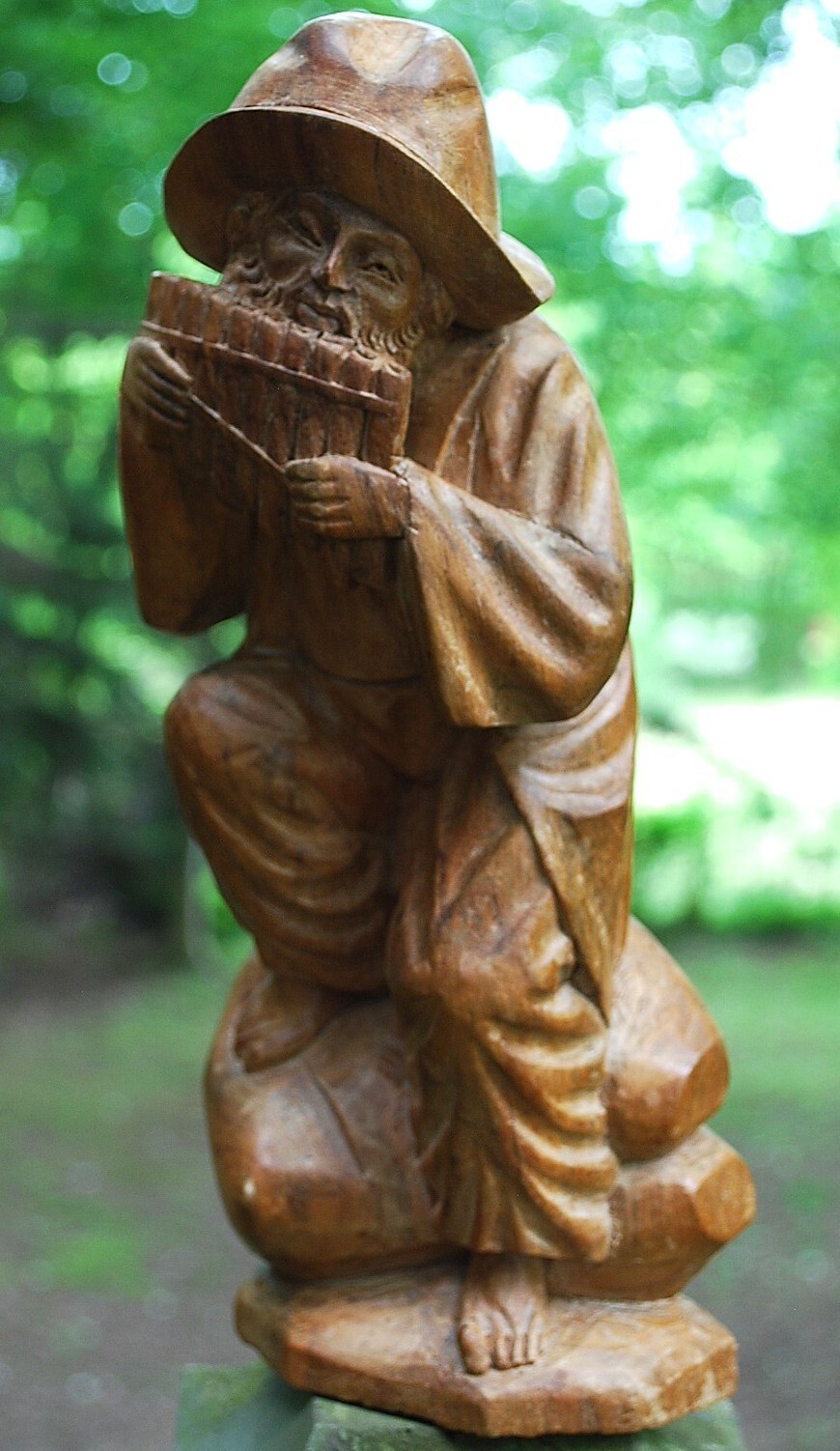 Antique BLACK FOREST GERMANY Hand Carved Wood Sculpture MAN PLAYING PAN PIPES
