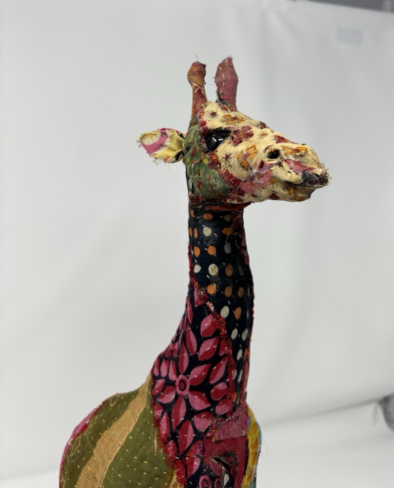 Vintage Giraffe Statue Patchwork Sari Fabric Mache Sculpture 18″ Decor