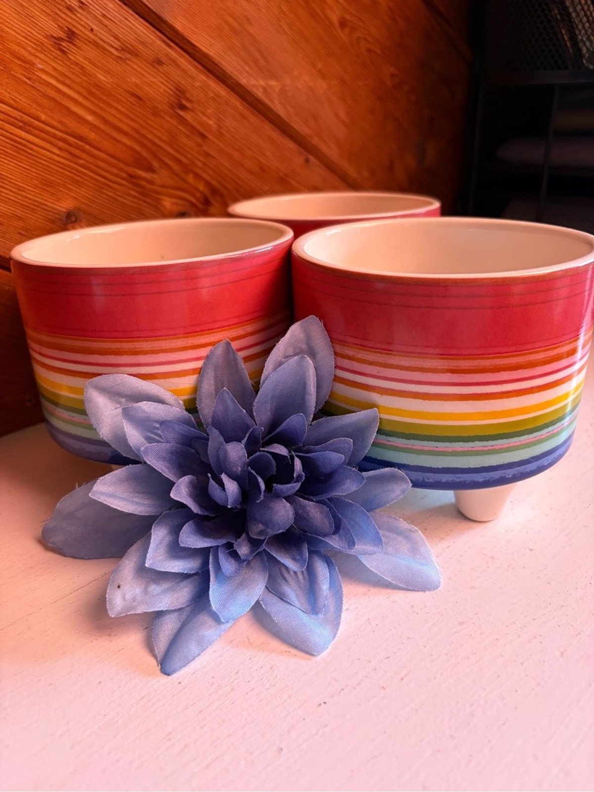 Multicolor Stripe Ceramic Planter Trio – Rainbow Accent