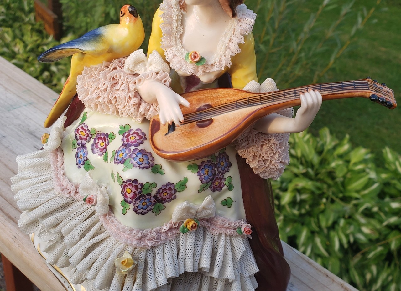 Vtg Dresden Porcelain Lace Woman Lady Parrot Bird Mandolin Figurine 9 5/8″