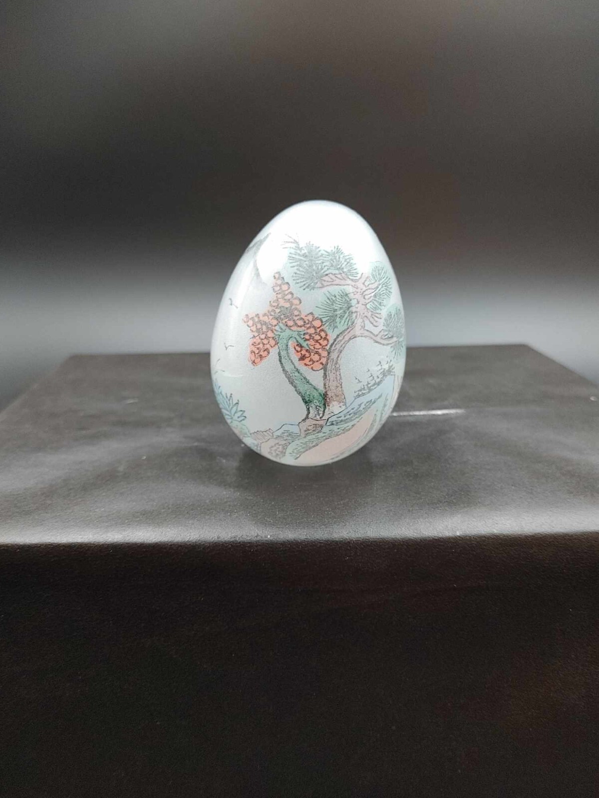 Vintage Reverse Hand Painted Glass Egg Japanese Scene Mountain Tree – No Stand