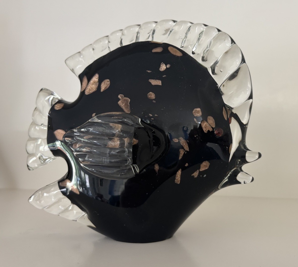Vintage Murano Glass Fish Statue Black & Metallic Gold Excellent Condition