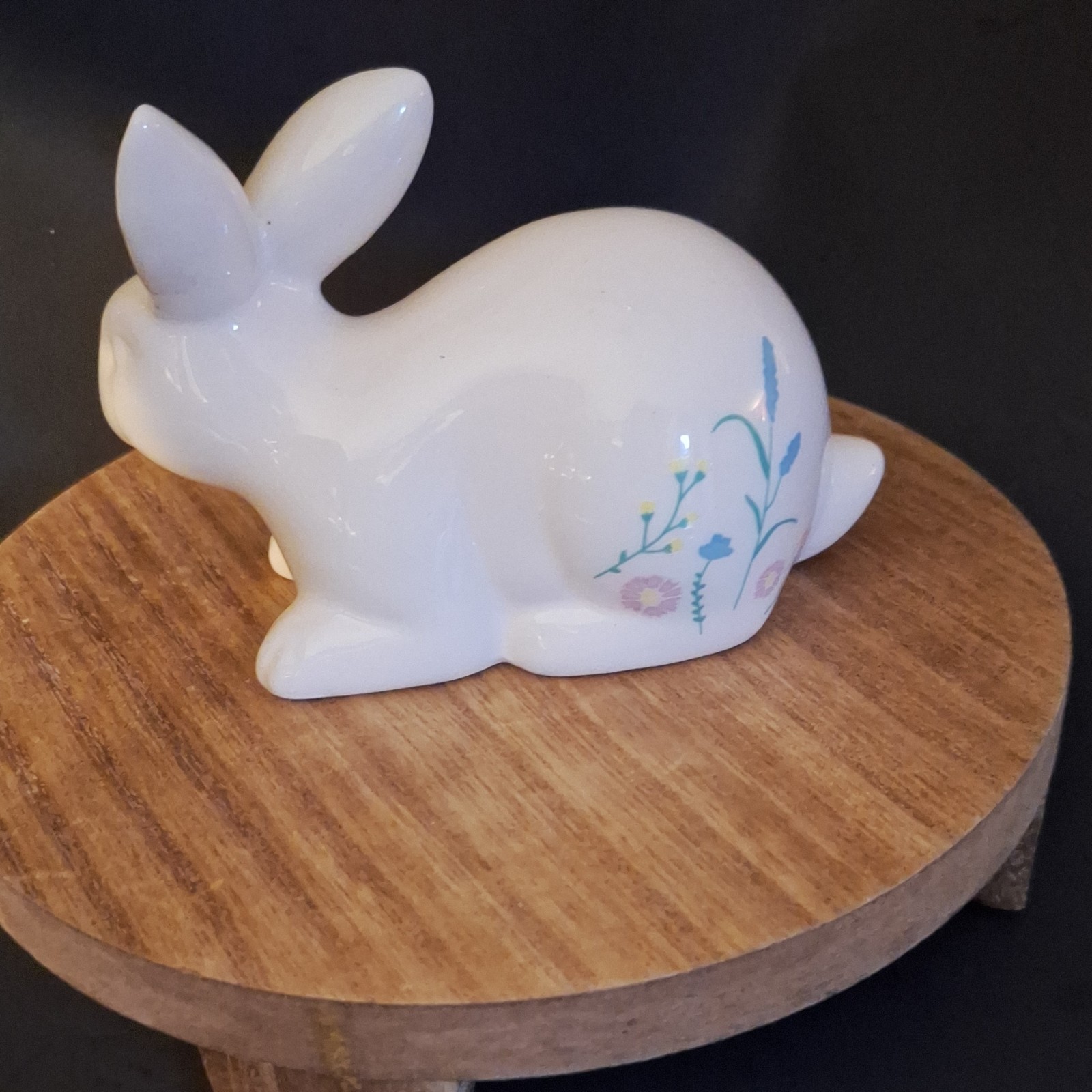 Ceramic Rabbit Figurine Hand Painted Floral Glossy White Blue Pink Yellow